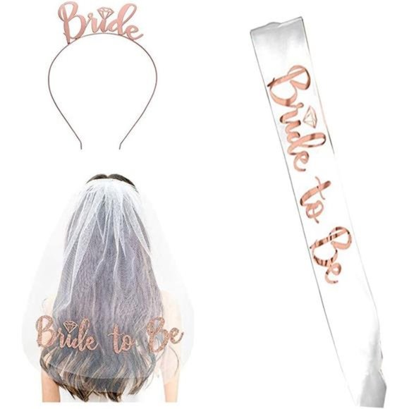 Bride to Be Set, 3pack Bride to Be Sash & Headband Tiara & Shoulder Length Veil - Picture 1 of 7